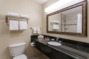 Duschwanne, kostenlose Toilettenartikel, Haartrockner, Handtücher