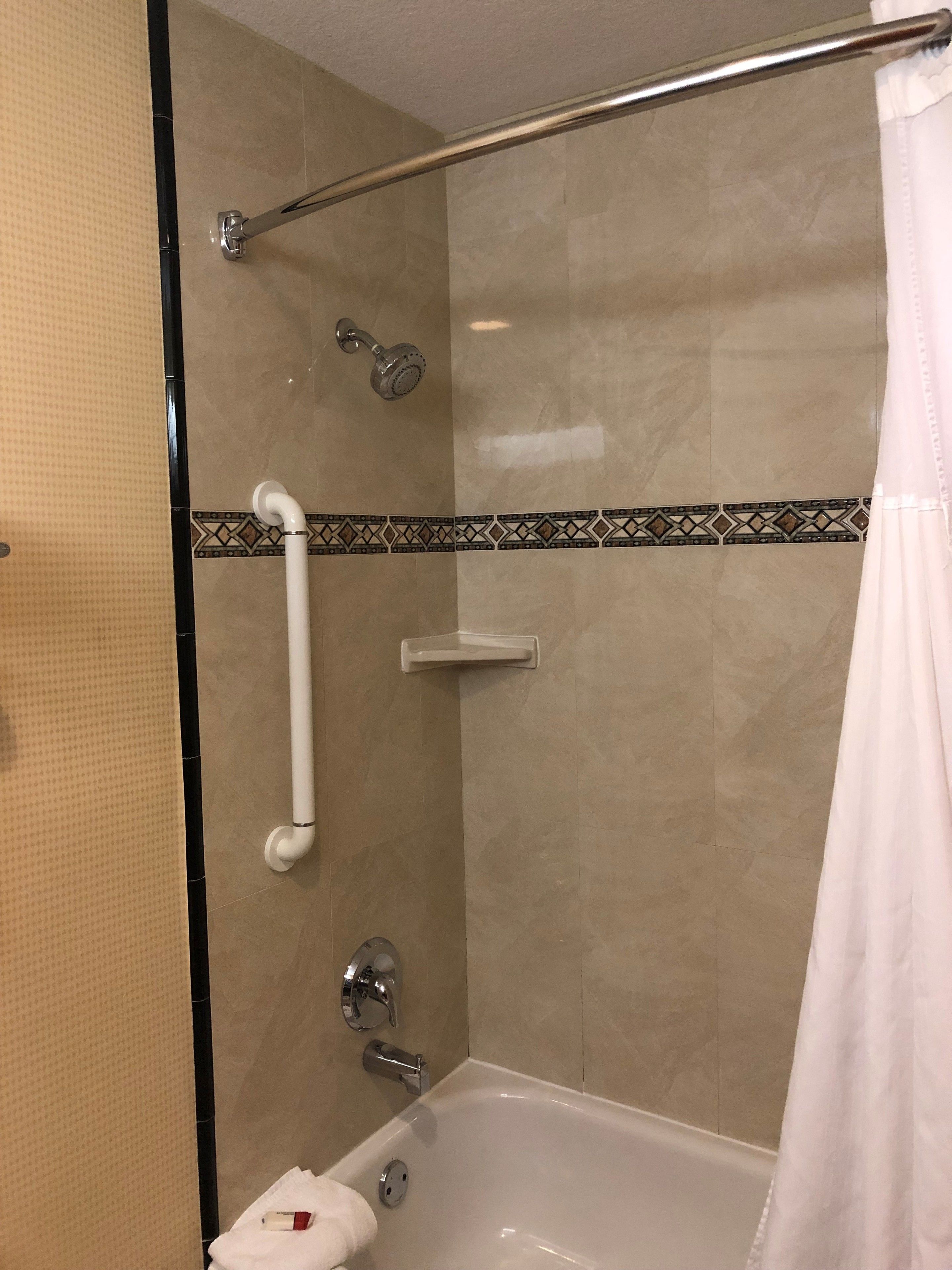 Combined shower/tub, free toiletries, hair dryer, towels
