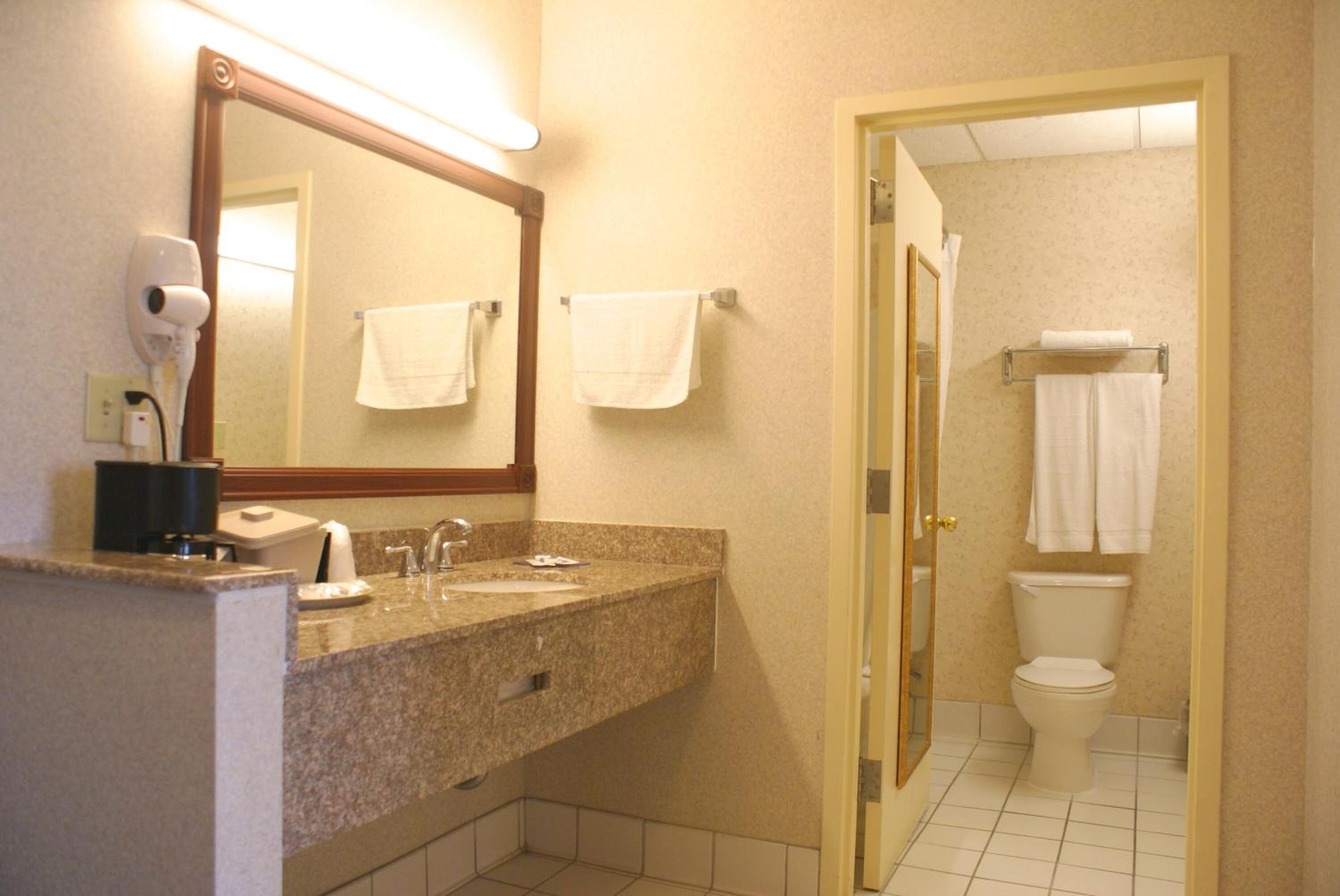 A hotel bathroom with a granite countertop, a sink, a mirror, and a toilet.