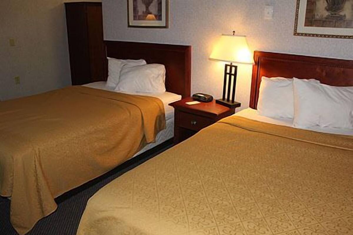 A hotel room with two beds, a nightstand with a lamp, and a framed picture on the wall.