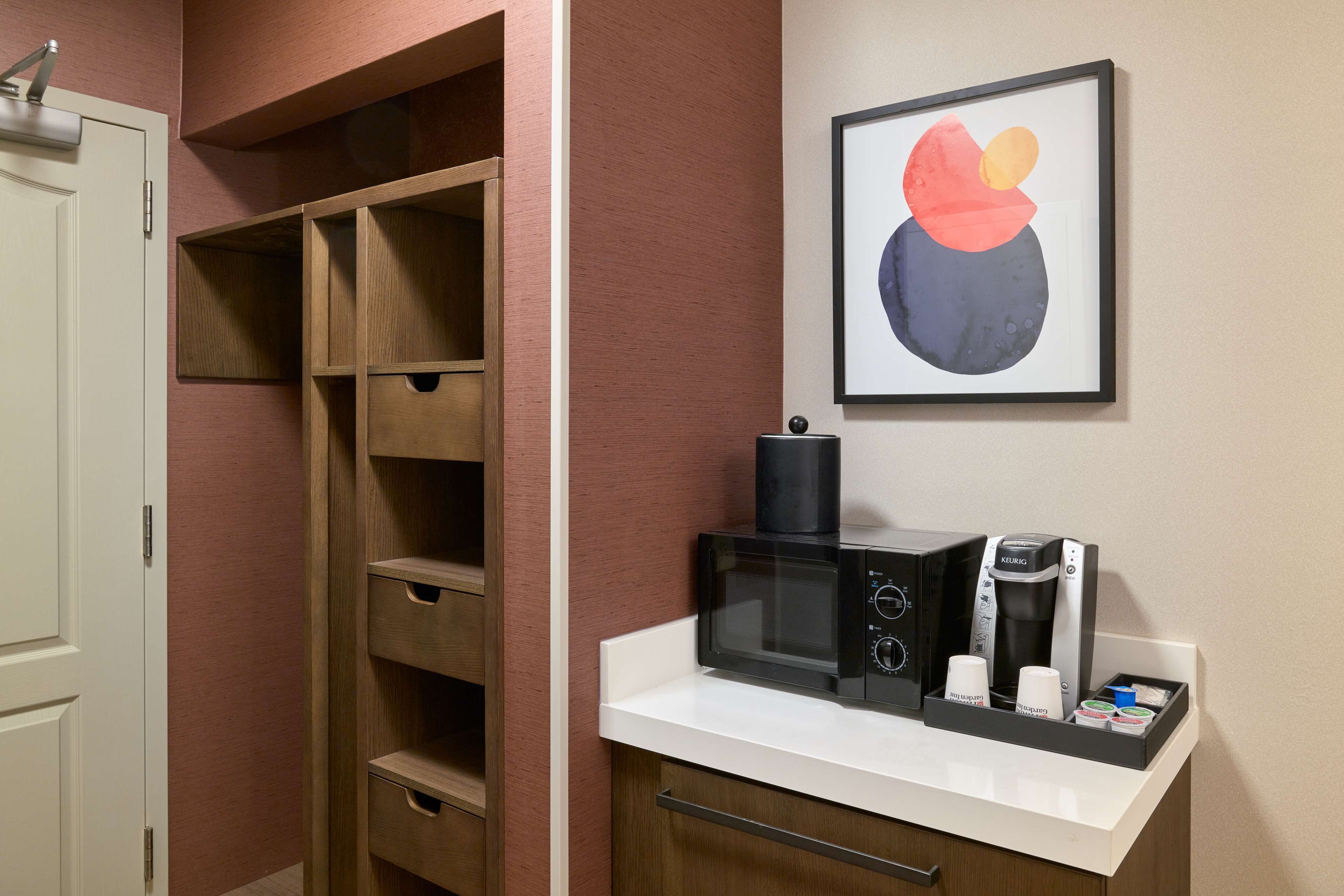 desk, laptop workspace, blackout curtains, iron/ironing board