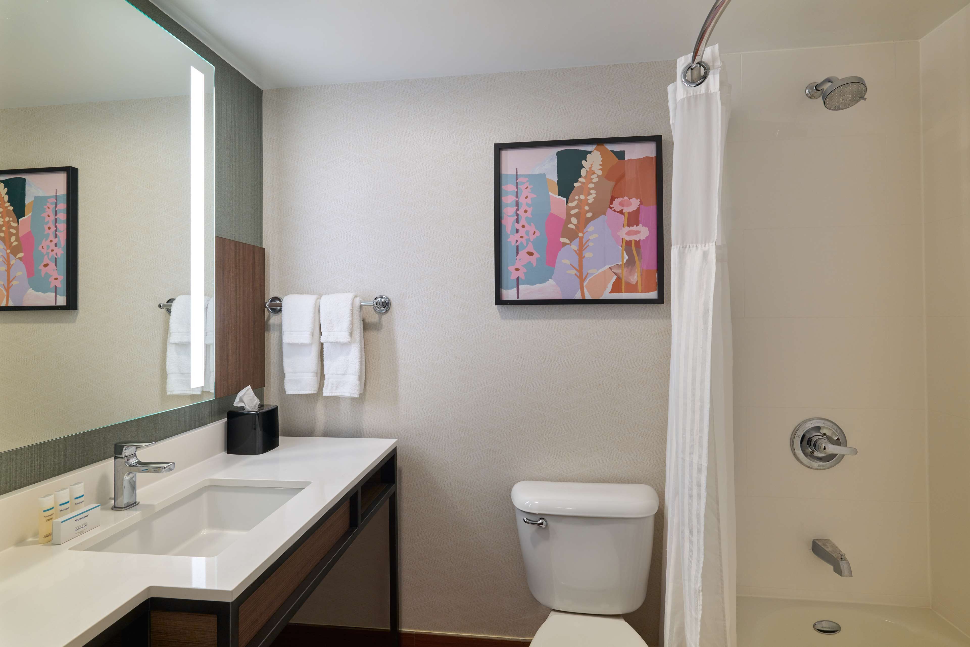 A bathroom with a sink, toilet, and shower. There are two framed artworks on the wall.