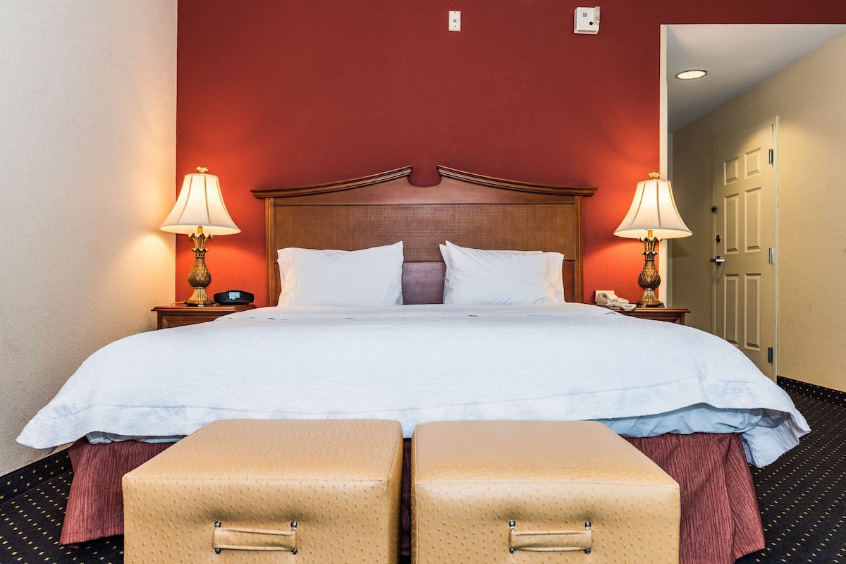 Quarto de hotel com uma cama grande, duas luminárias de cabeceira, um criado-mudo com telefone e duas malas.