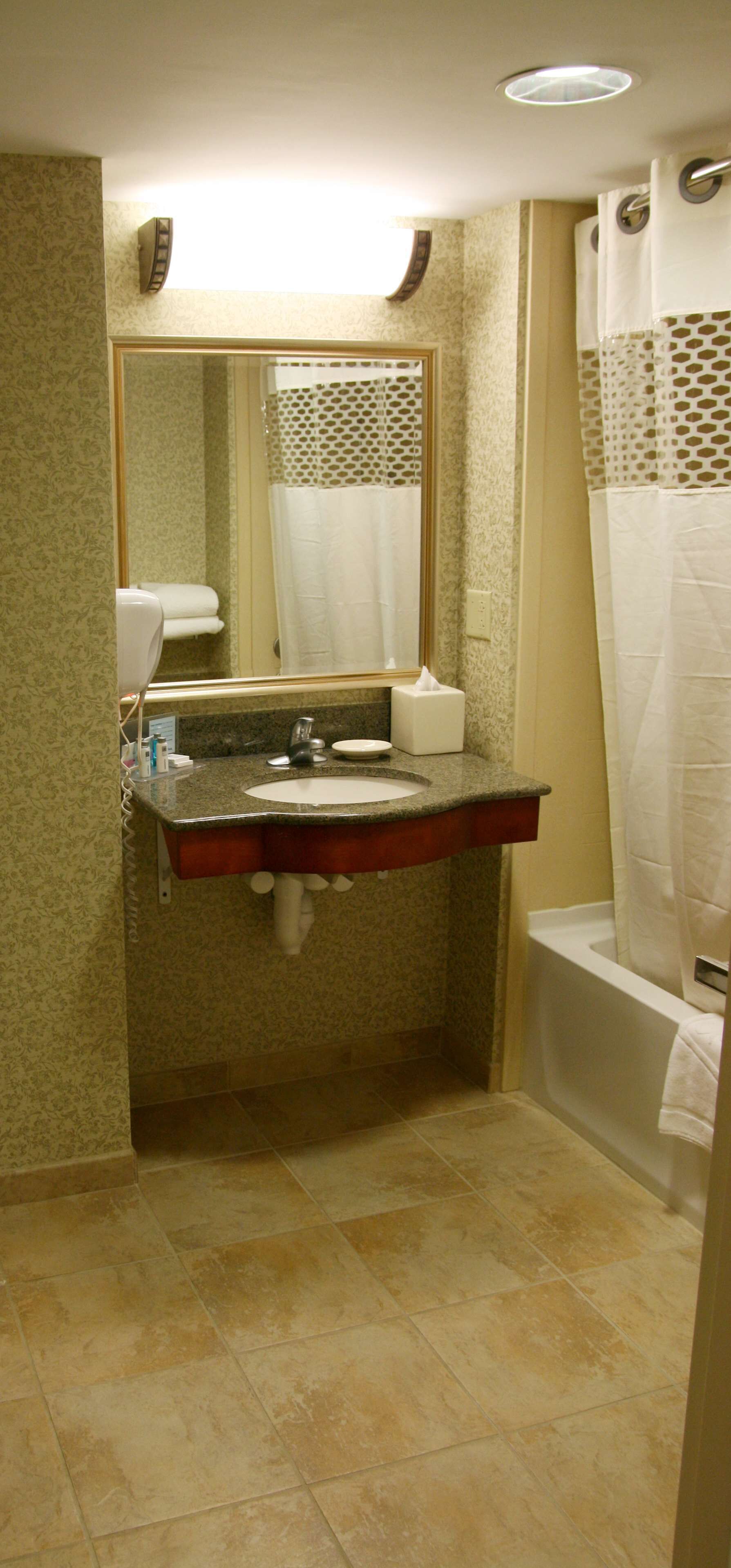 Un baño con lavamanos, espejo y cortina de ducha.