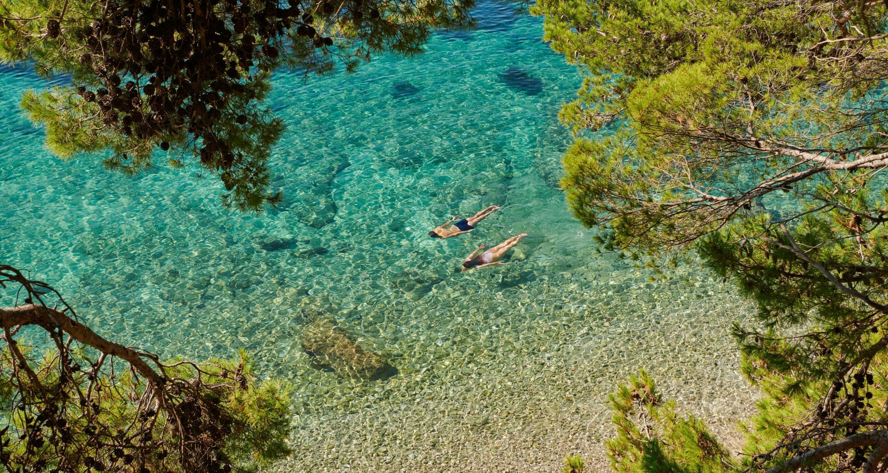 Un mar turquesa y transparente con dos personas nadando, rodeado de pinos.
