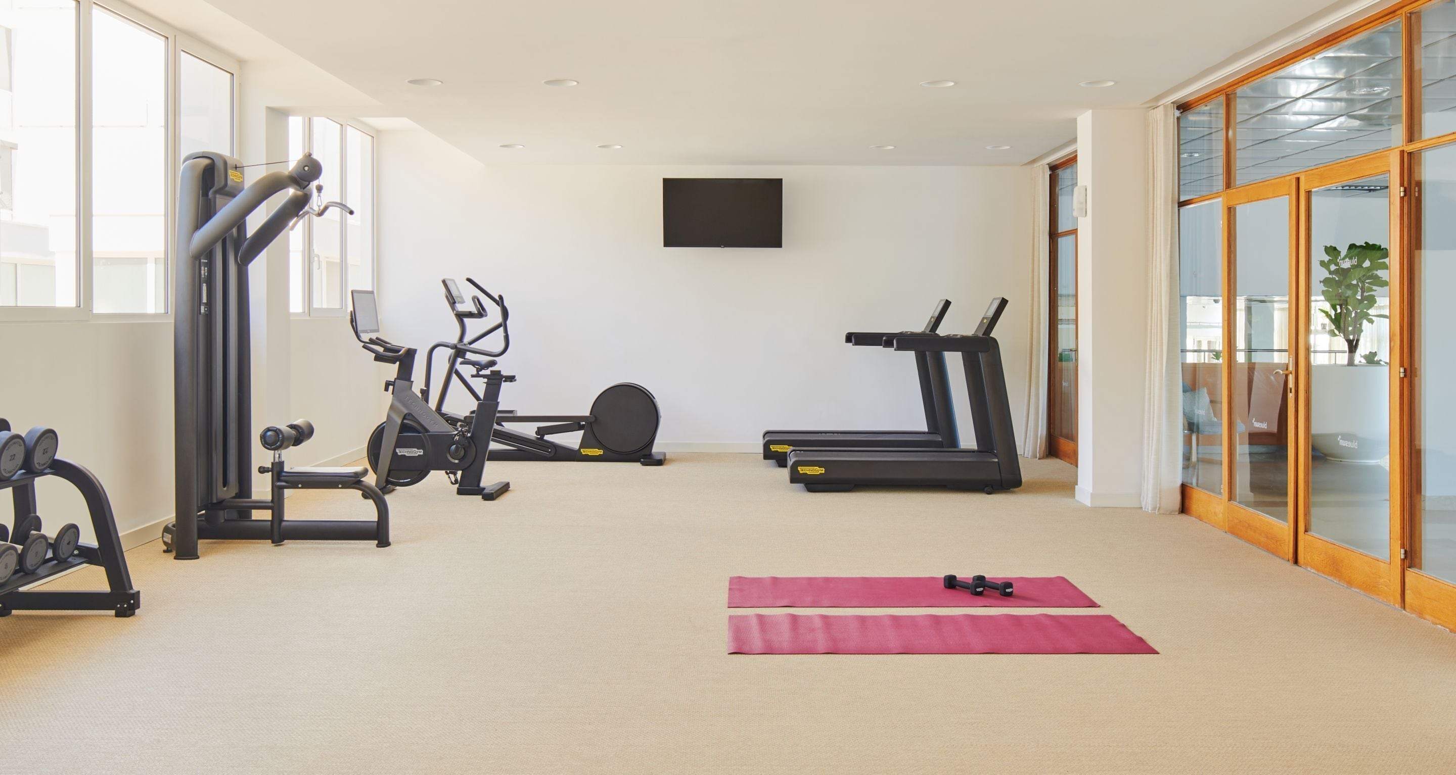 A home gym with exercise equipment, a treadmill, and a stationary bike.