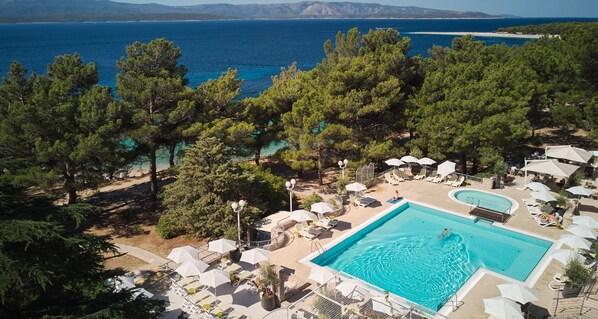 Outdoor pool, pool umbrellas, pool loungers