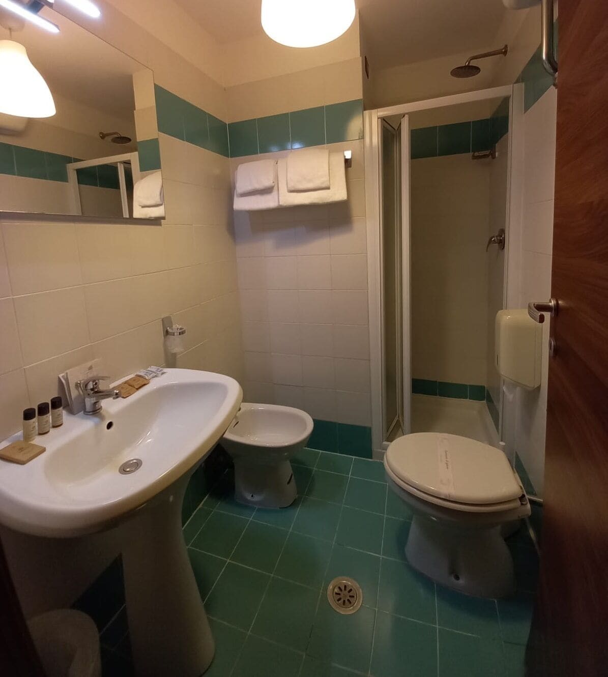 A bathroom with a sink, two toilets, a shower, and a mirror.