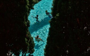 Seasonal outdoor pool, pool umbrellas, sun loungers