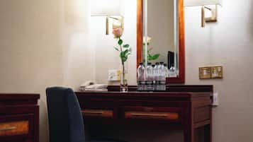 Premium bedding, desk, blackout curtains, iron/ironing board