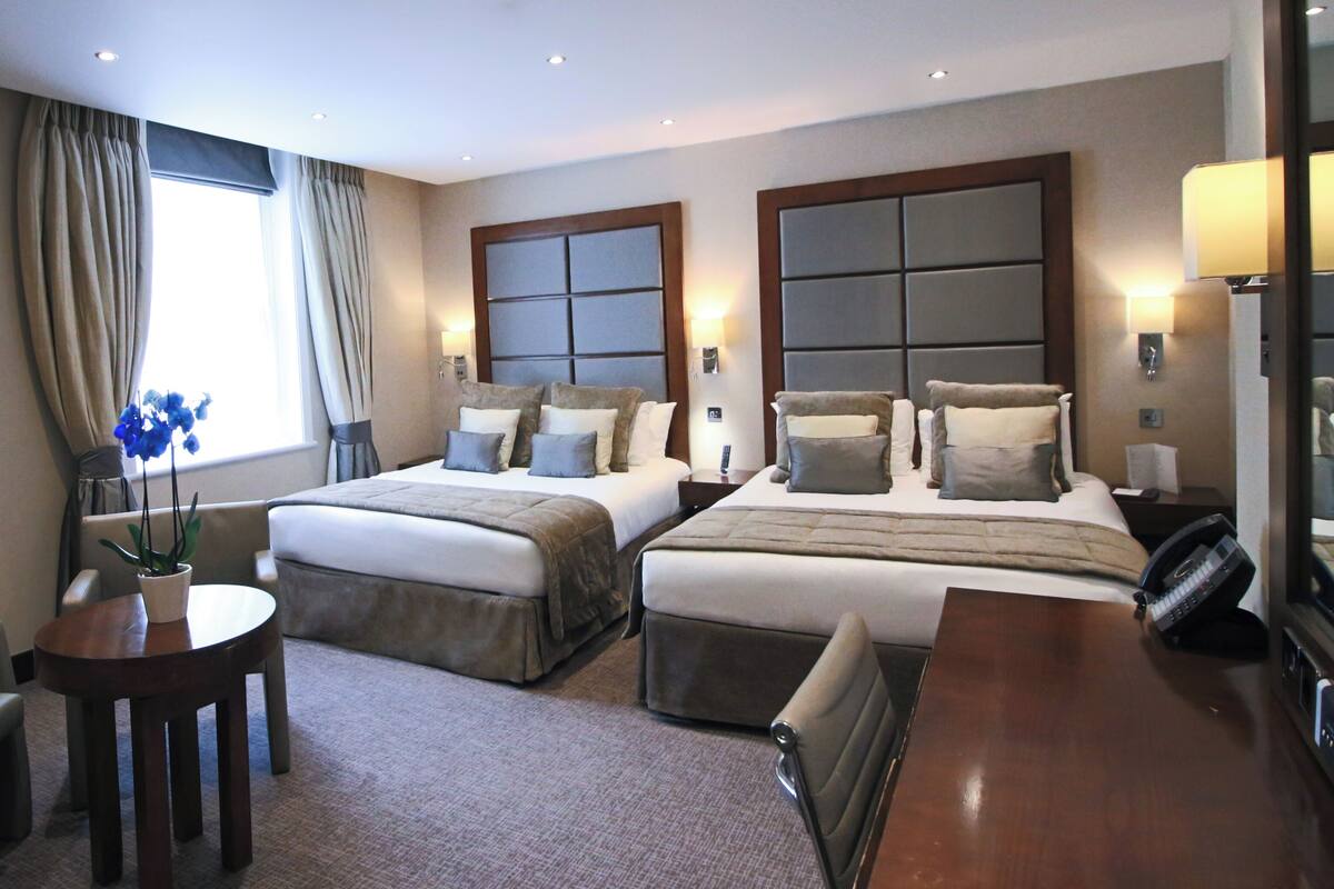Habitación de hotel con dos camas, un escritorio, una silla, una mesita y una planta en maceta.