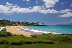 Guests can enjoy access to the sandy beach and ocean views from this property.