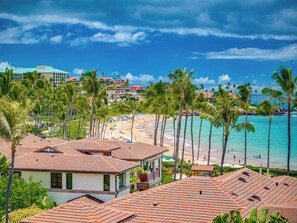 A beachfront property with a view of the ocean and palm trees. - Wailea Beach Villas (Kihei)