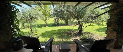 A covered patio with a view of a grassy area and trees.