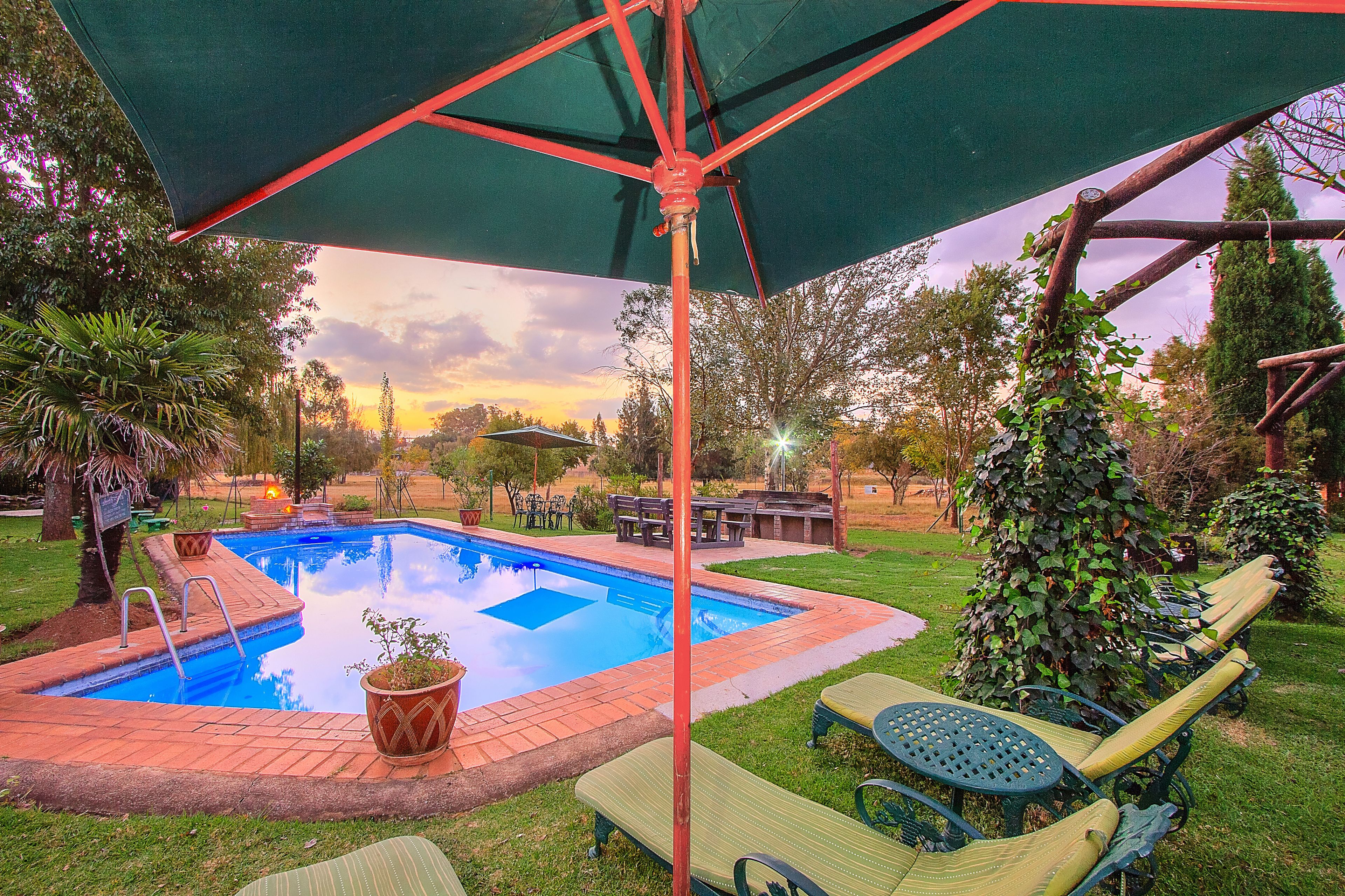 Una piscina al aire libre, sombrillas, sillones reclinables de piscina