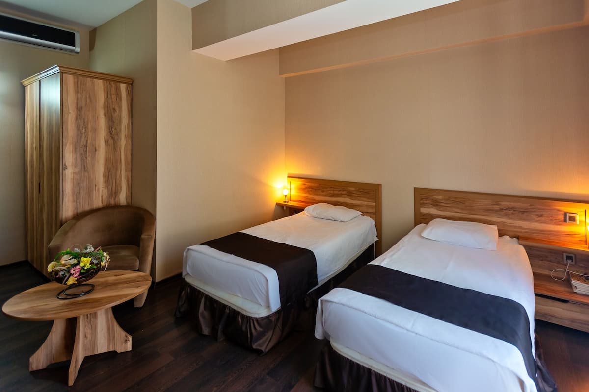 Chambre Standard avec lits jumeaux | Literie de qualité, coffre-fort, bureau, rideaux d’obscurcissement