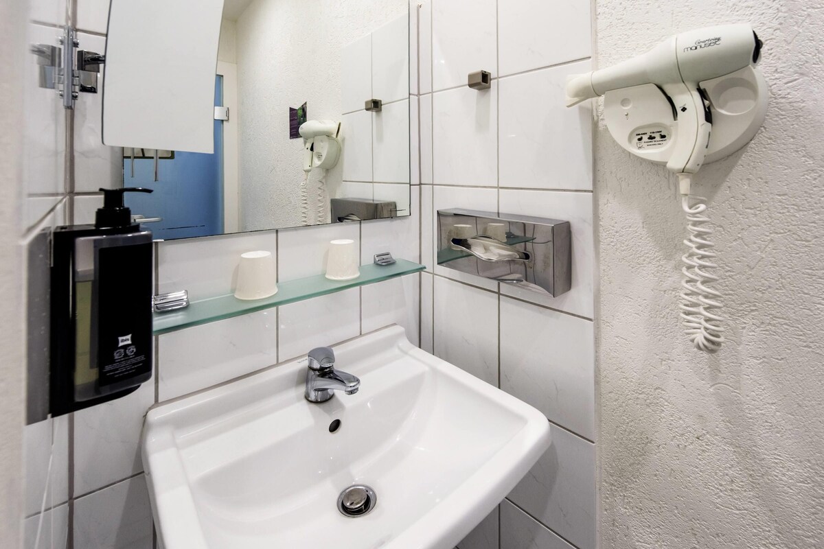 Une salle de bain avec un lavabo blanc, un sèche-cheveux fixé au mur et un distributeur de savon également fixé au mur.