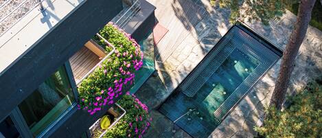 An aerial view of a modern building with a rooftop garden, a swimming pool, and a stone pathway.