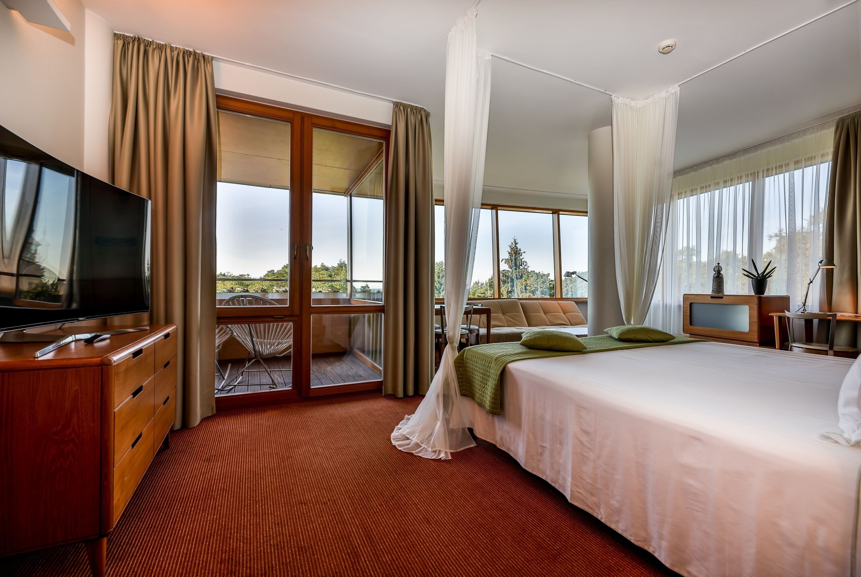 A hotel room with a bed, a TV, a desk, and a balcony with a view.