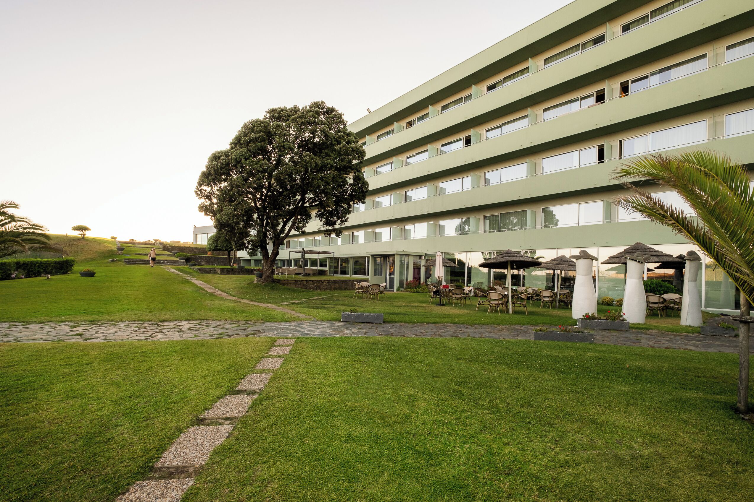 A hotel with a modern design, featuring a large tree and outdoor seating area.