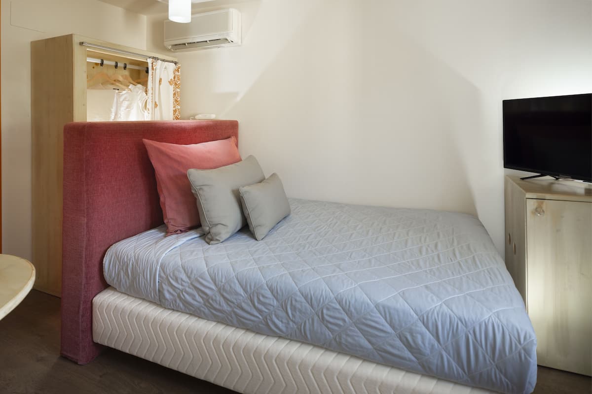 A bedroom with a bed, a TV, a wardrobe, and a mirror.