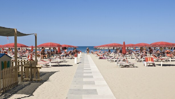 A beach with rows of red umbrellas and beach chairs, a wooden fence, and a clear blue sky. - Hotel LaMorosa (Rimini)