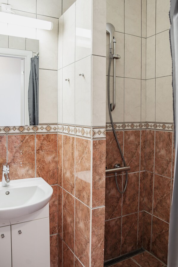 A bathroom with a sink, mirror, shower, and tiled walls.