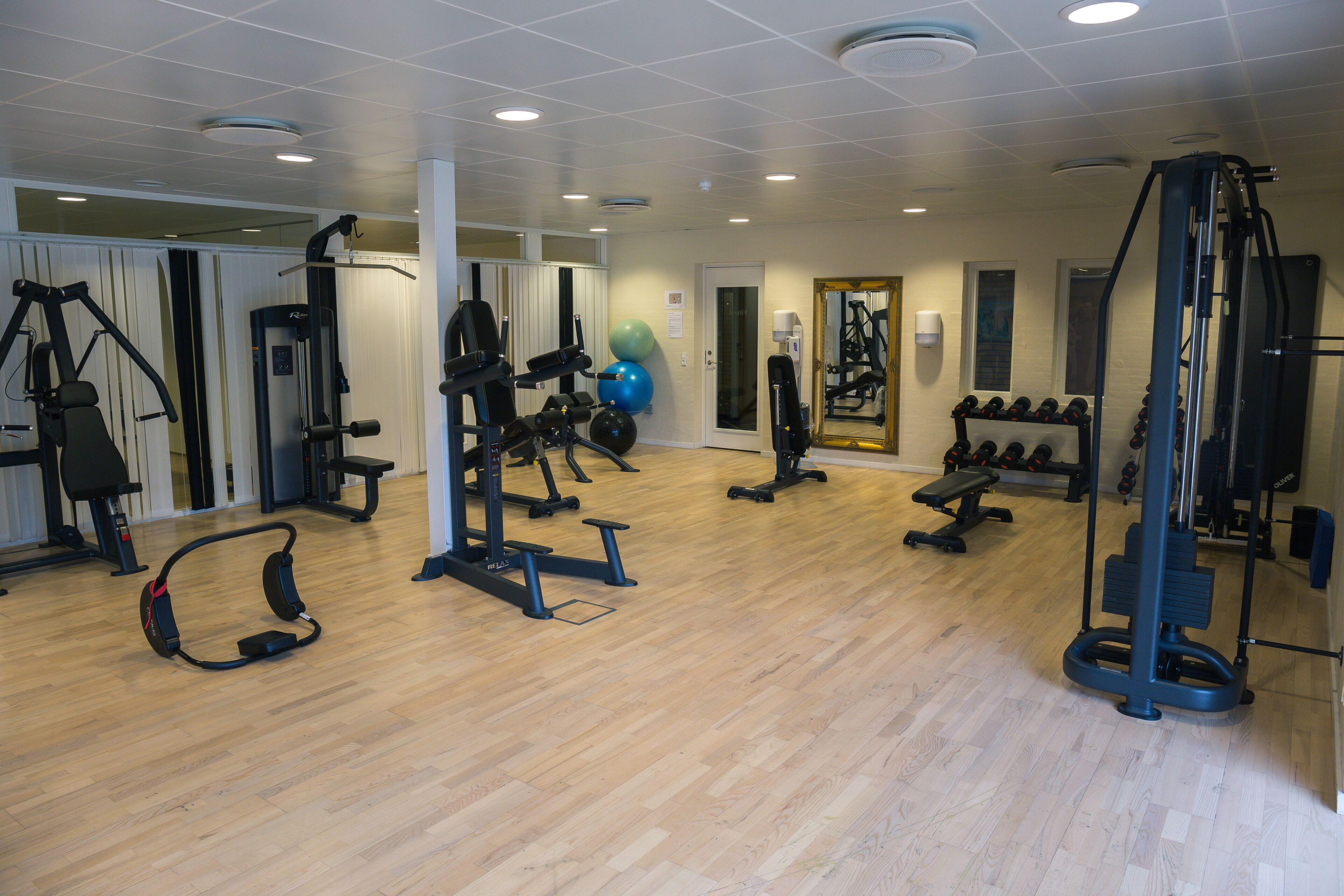 Une salle de sport équipée de divers appareils d’exercice, dotée d’un plancher en bois et d’un miroir mural.