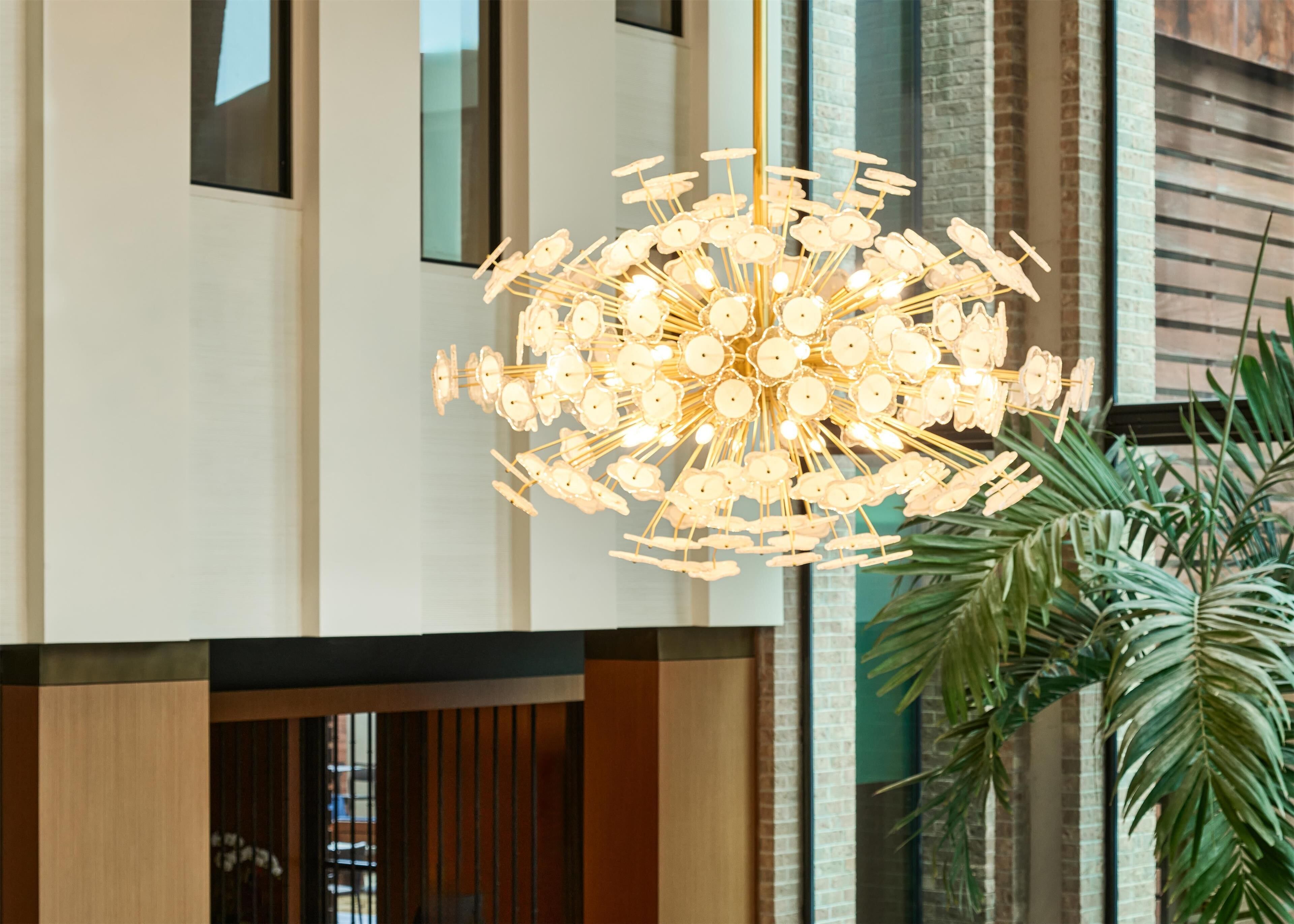 Een modern gebouw met een bijzondere kroonluchter en een grote potplant.