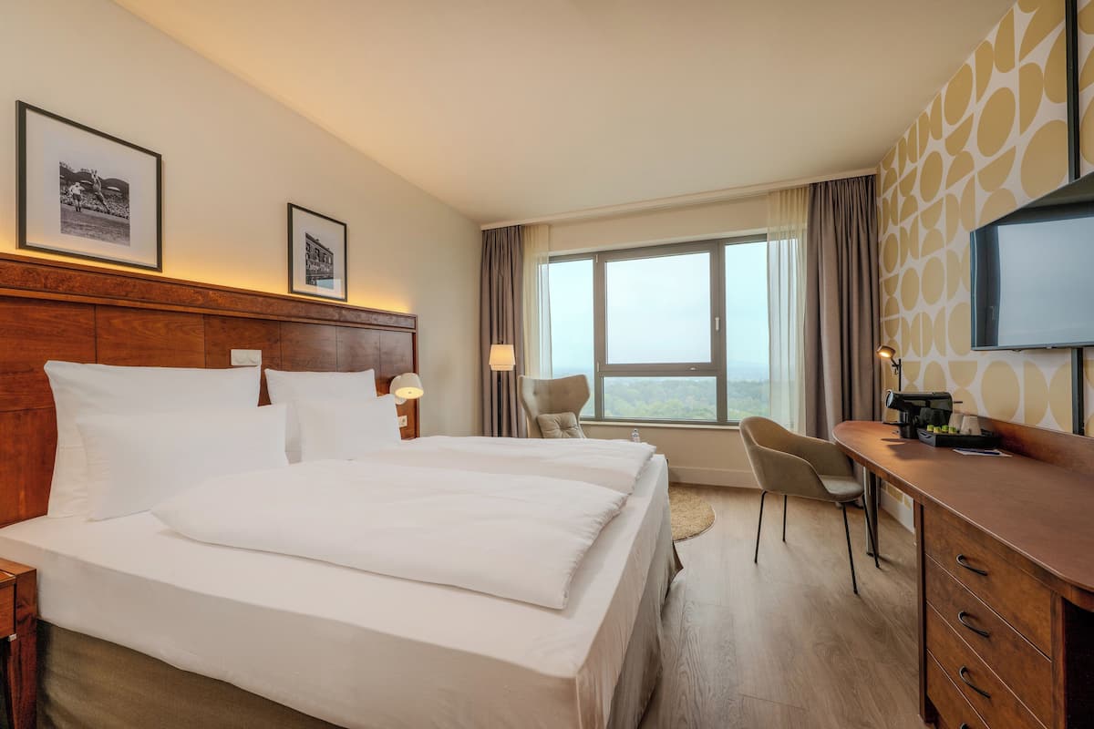 A hotel room with a large bed, a desk, a chair, and a TV.