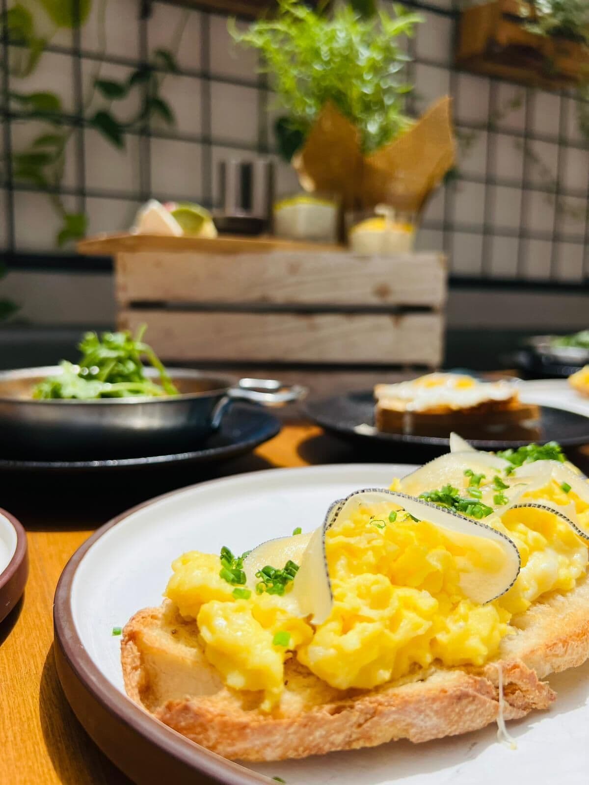 A breakfast dish with scrambled eggs on toast, garnished with chives, on a white plate.