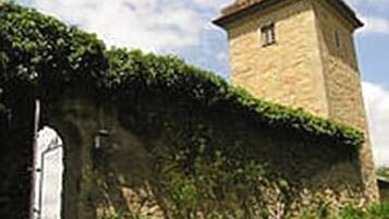 A stone tower with a conical roof, surrounded by greenery and a stone wall.