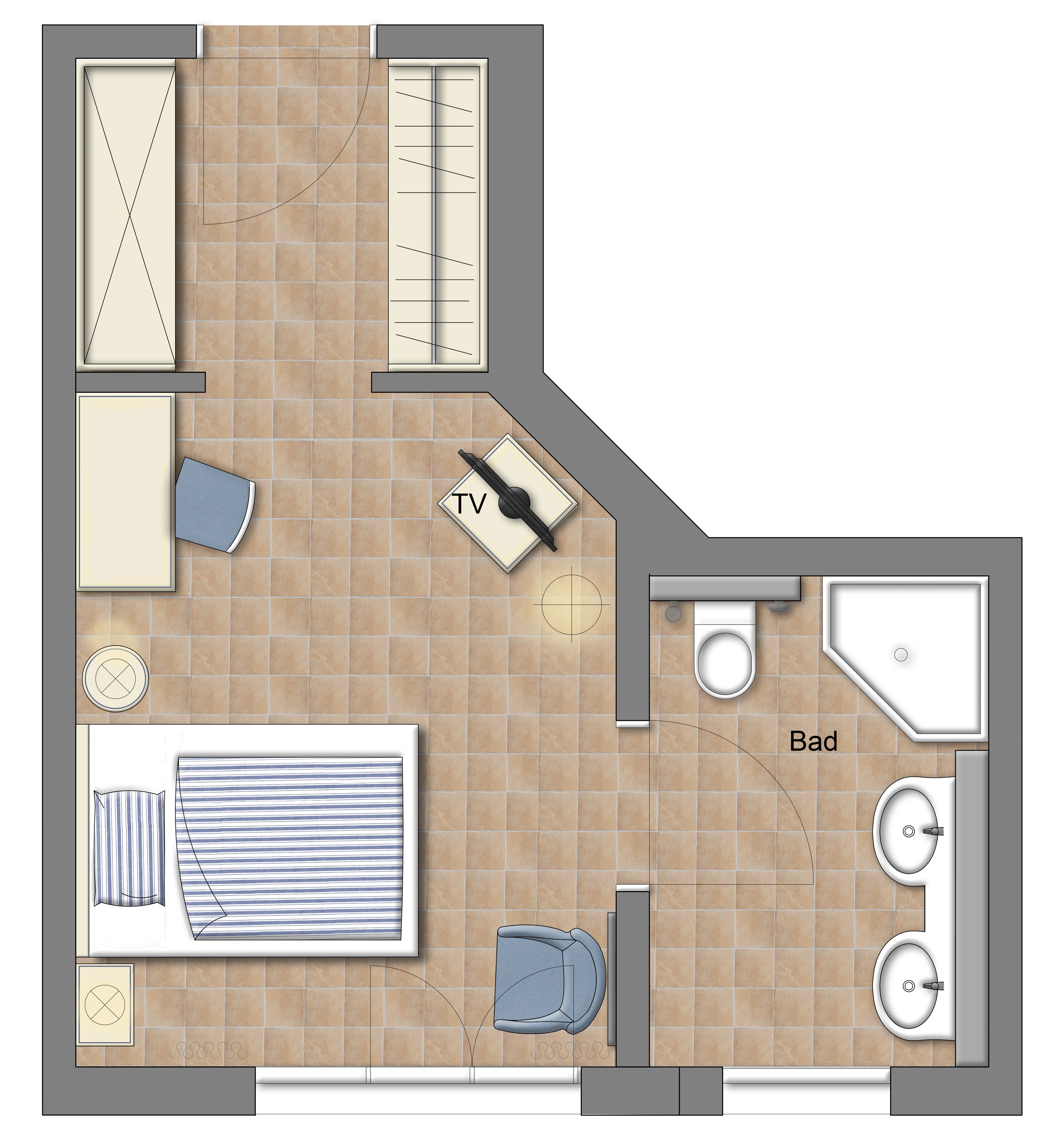 A floor plan of a hotel room with a bed, TV, bathroom, and a small seating area.