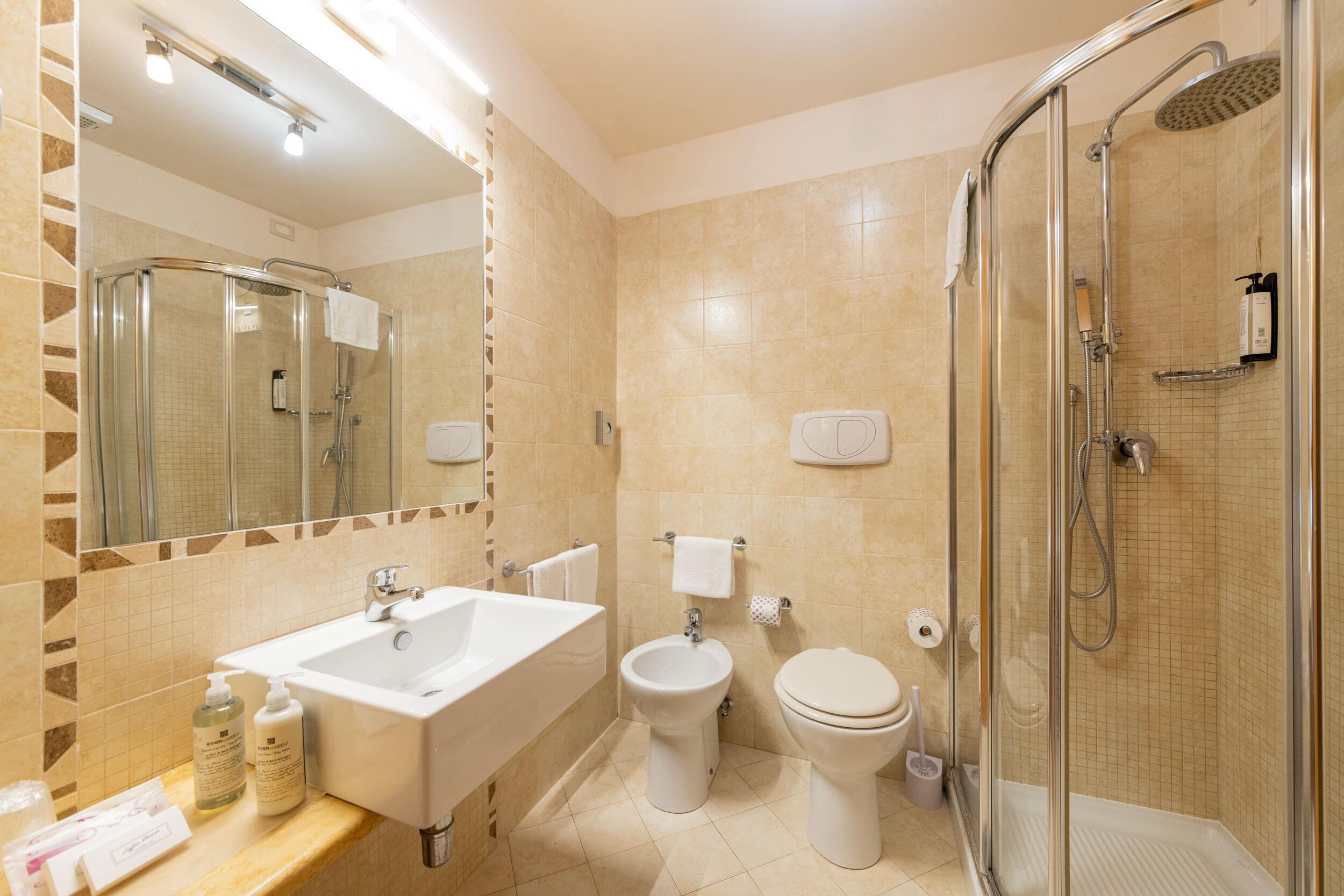 shower, free toiletries, hair dryer, bidet