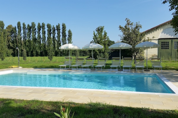 Una piscina al aire libre, sillones reclinables de piscina