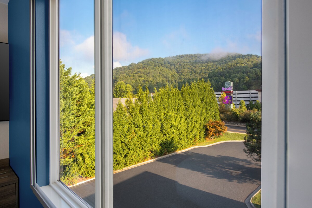 A view through a window of a parking lot with a road curving to the right, surrounded by dense green trees and a hilly landscape in the distance.