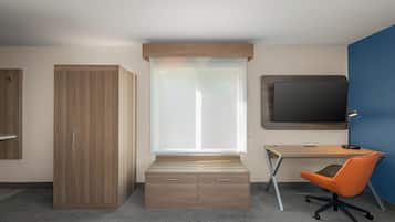 A modern bedroom with a bed, a wardrobe, a desk with a chair, and a television.