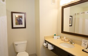 Une salle de bain équipée d  ’un WC, d’un lavabo, d’un miroir, d’un tableau encadré et d’un porte-serviettes.