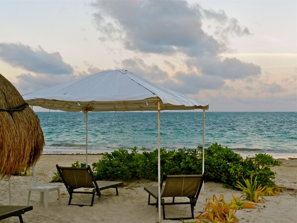 Private beach, white sand, beach cabanas, beach towels