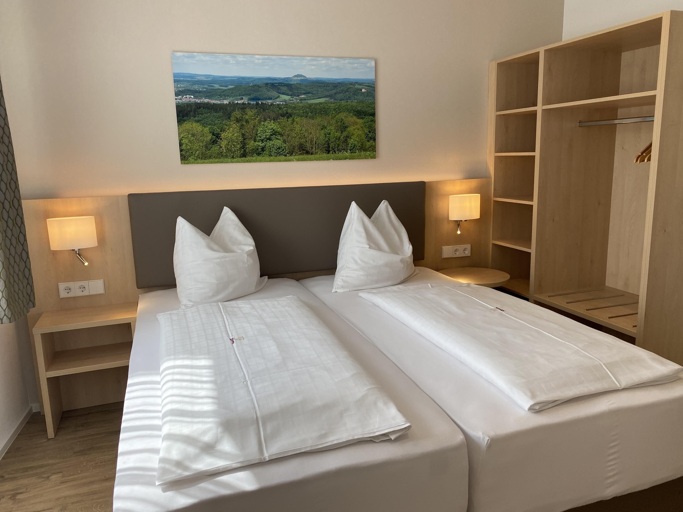 down duvets, desk, laptop workspace, blackout curtains