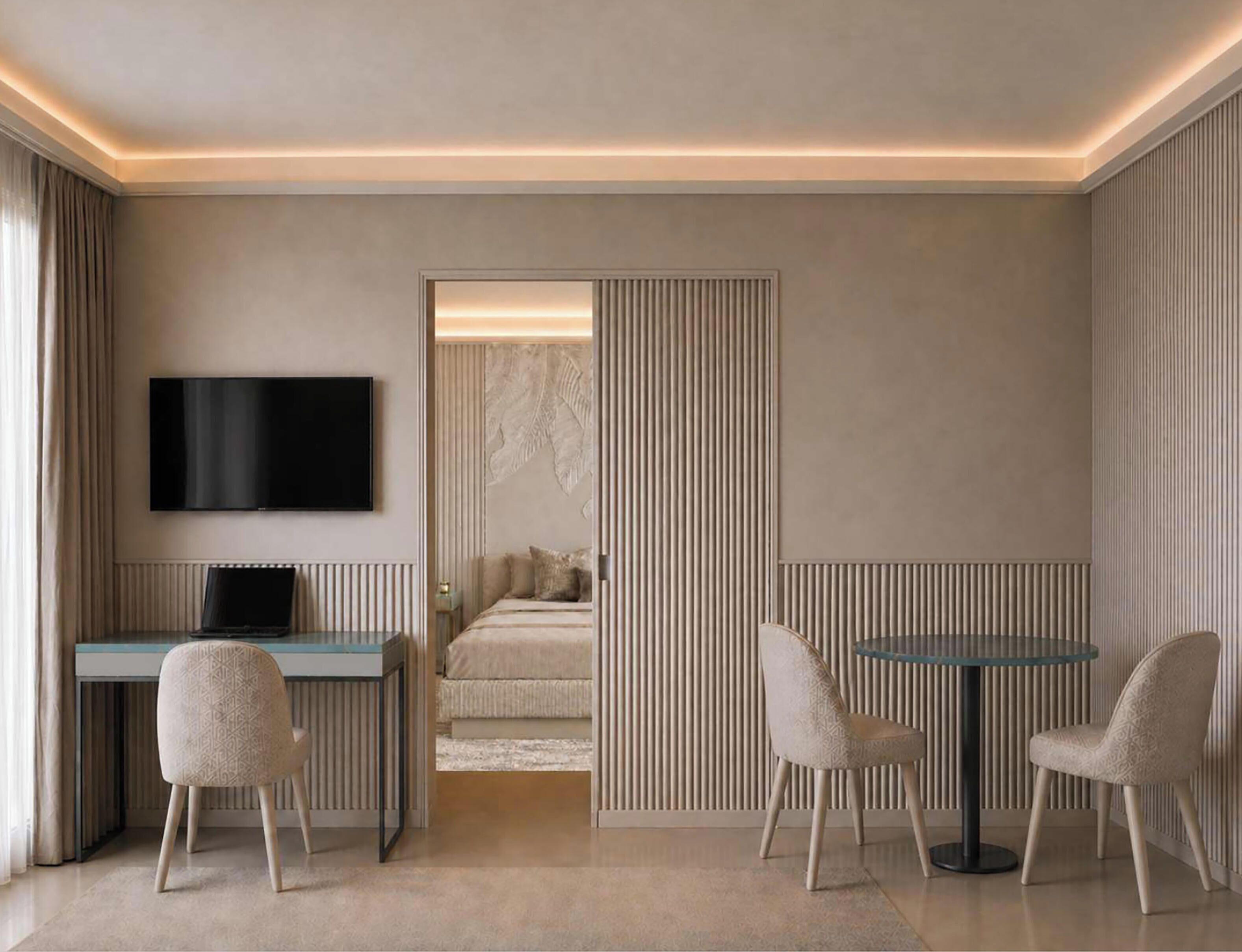 Suite – premium, byutsikt | Oppholdsområde | En 32-tommers Flatskjerm-TV med Parabol-TV samt TV