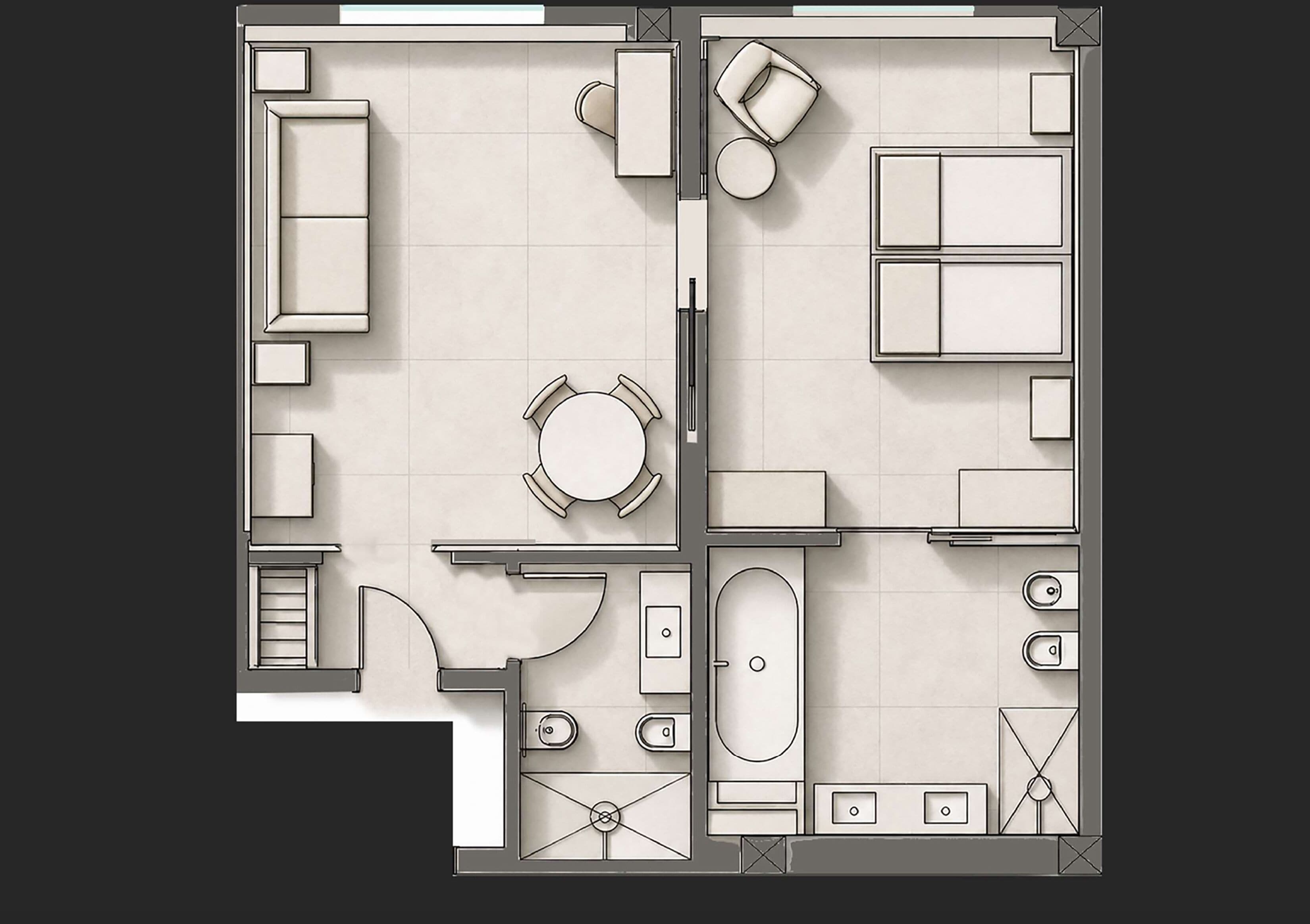 Plano de planta de una habitación de hotel con cama, zona de estar con mesa y sillas, baño con bañera y retrete, y una pequeña cocina.