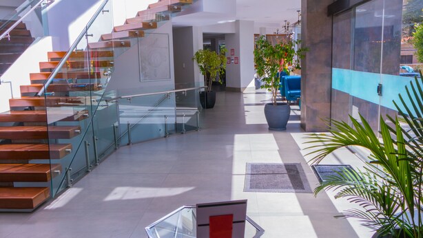 Ein modernes Interieur mit Wendeltreppe aus Glas, Zimmerpflanzen und einer Sitzecke.