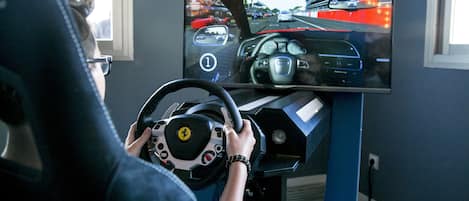 A person using a driving simulator with a steering wheel and a monitor displaying a racing game.