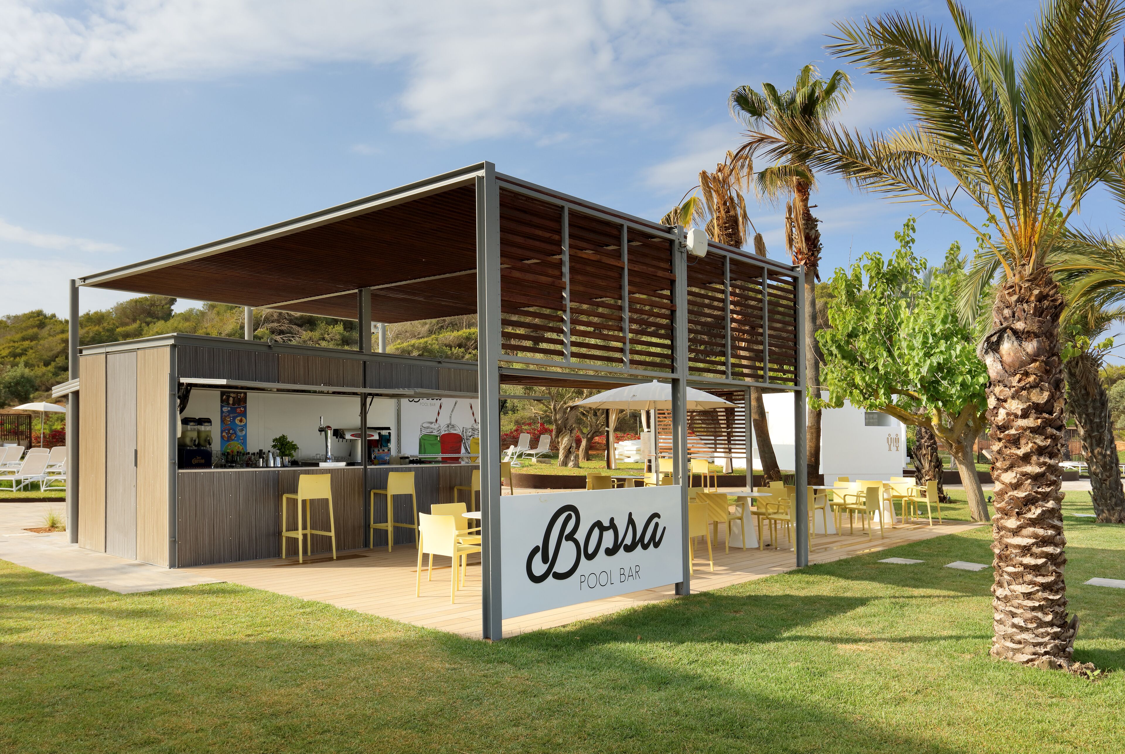 A pool bar named Bossa with outdoor seating and a covered area.