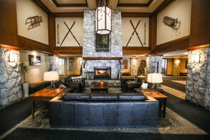 Relax in the warm atmosphere of our lobby, featuring a cozy fireplace and comfortable seating areas.