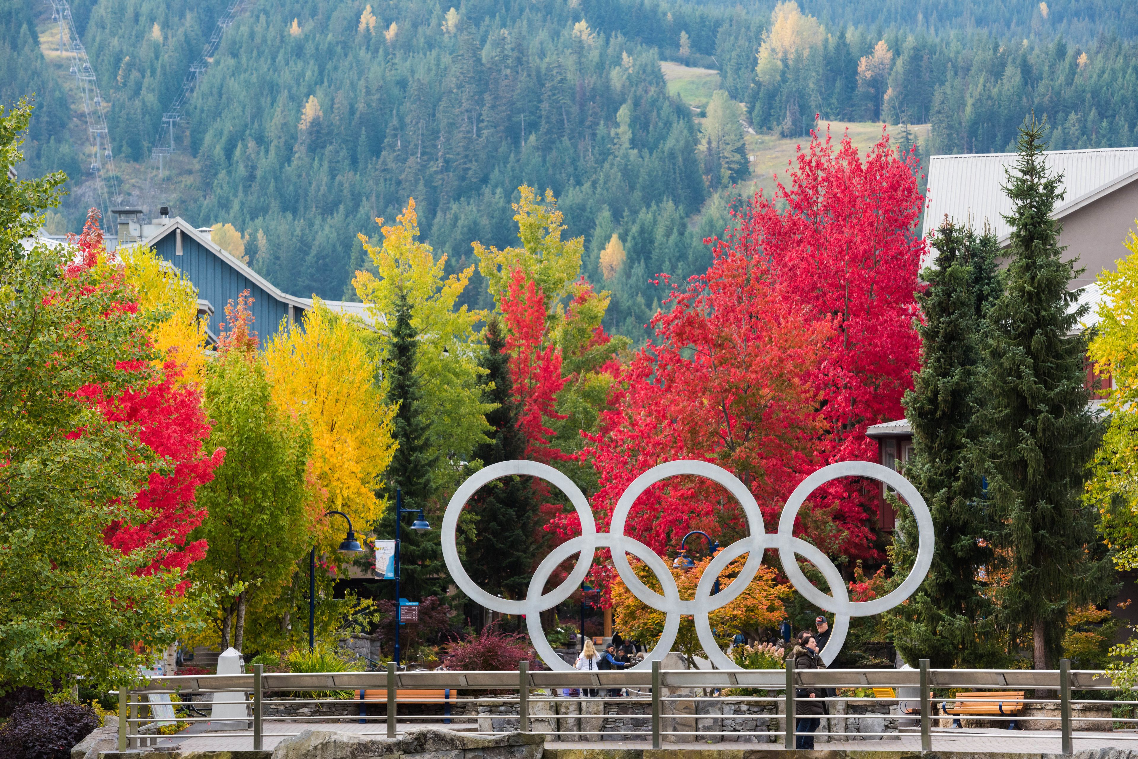 A park with a large Olympic rings sculpture, benches, and a view of a forested mountain area.