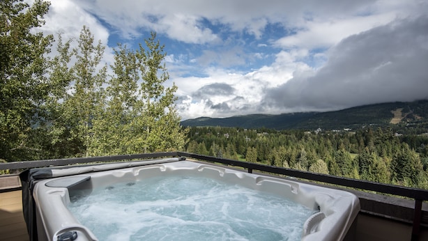 Un jacuzzi con vista a un bosque y montañas.