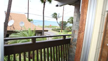 A balcony with a view of a residential area, including a house with satellite dishes, palm trees, and a stop sign.