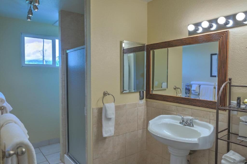 A bathroom with a sink, mirror, and shower.